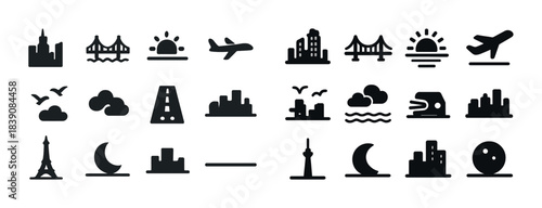 Urban icon set featuring skyline, bridge, sun, moon, and airplane illustrations