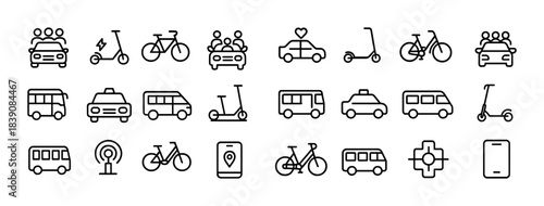 Icon set of various transportation modes including cars, scooters, bicycles, buses