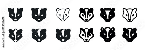 Set of stylized badger icons in various artistic designs
