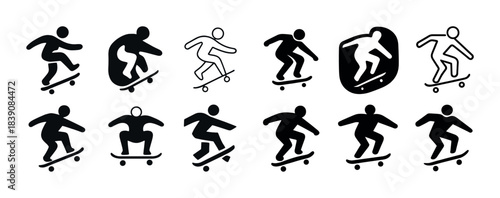 Silhouette icons of skateboarders in various poses and styles