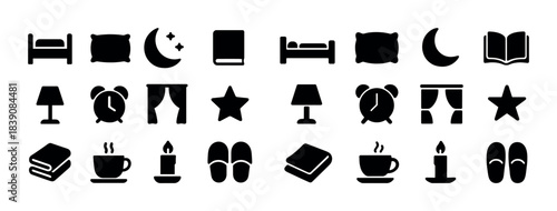 Bedtime icons set - bed, pillow, moon, book, lamp, clock, curtain, star, slippers, candle