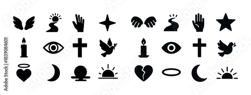 Collection of black spiritual and mystical icons including wings, hands, and celestial symbols