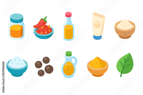 Spices and condiments icon set. Cooking ingredients flat icons collection