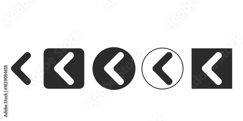 Vector icon set for back button or previous navigation UI element | Collection of five different style left arrow chevron icons for web design | Monochromatic UI/UX navigation symbols in circle