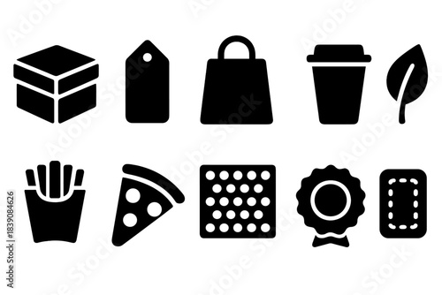 Shopping, food, and nature solid icon set for versatile use