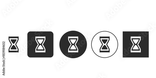 Black and white hourglass timer icon set for user interface design | Vector symbol representing loading or waiting time on websites | Modern monochrome sand clock indicator glyphs for apps