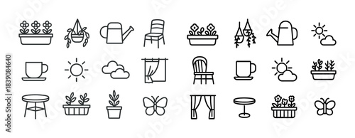 Garden icons set: plants, furniture, weather, and decor symbols