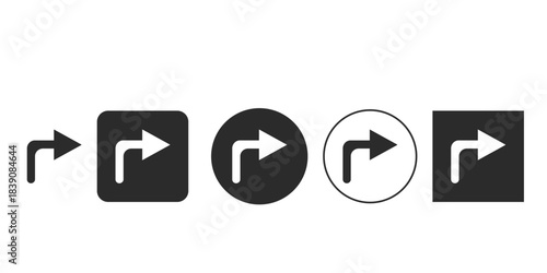 Vector icon set for turn right arrow symbol in black and white | Interface navigation right turn sign graphic element | Isolated UI design element for redirection or entering applications 