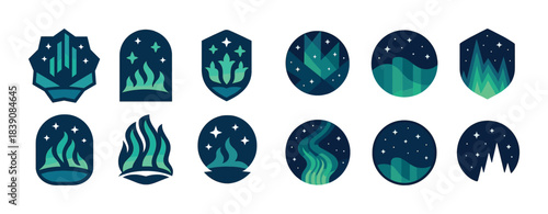 Abstract night sky icons with stars and northern lights elements in blue and green