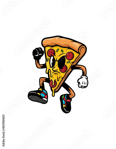 Running pepperoni pizza slice cartoon character with an eyepatch.
