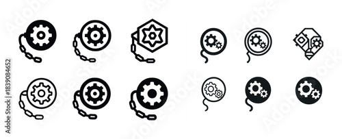 Set of gear icons with chains in various geometric designs