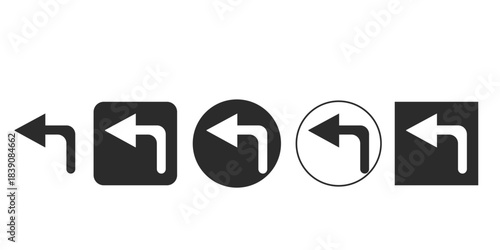 Vector icon set for left return or U-turn arrow symbol | Digital UI element for undo or back functionality in dark grey | Multiple style options for left navigation directional 