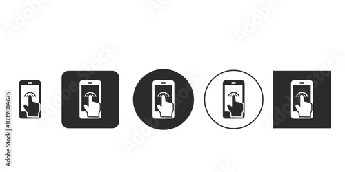 User touching smartphone screen icon vector illustration | Mobile device interaction gesture sign for apps | Flat design finger tap notification symbol | Black and white touchscreen gesture UI element