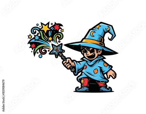 Playful cartoon wizard casting magic spell with star wand.