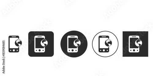 Global internet connectivity on mobile smartphone vector icon | Worldwide mobile network access digital symbol set | Flat design black and white international roaming sign | Smartphone with globe icon