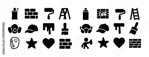 Black and white icons: painting tools, ladders, spray cans, masks, hats, stars, hearts