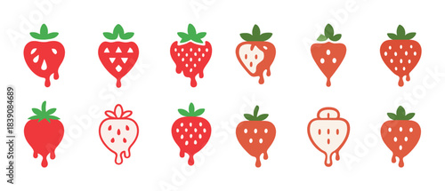 Variety of stylized strawberry icons with dripping designs and green leaves