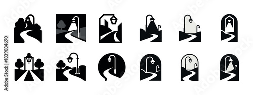 Minimalist street lamp and pathway icons collection