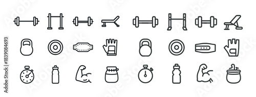 Set of gym and fitness equipment icons: dumbbells, benches, kettlebells, gloves, stopwatch