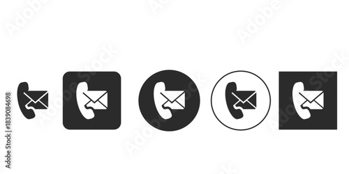 Black and white phone and mail contact us vector icons | Customer support communication glyph symbols collection | Telephone receiver and envelope email icon set for websites