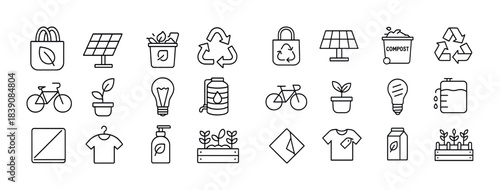 Eco-friendly icon set: sustainability, recycling, renewable energy, plants, conservation