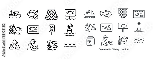 Sustainable fishing practices icons: boat, fish, net, recycling, coral