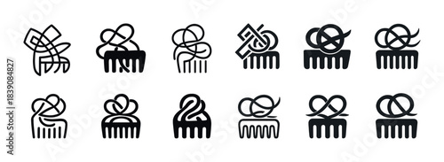 Abstract comb designs with geometric knot patterns in black and white