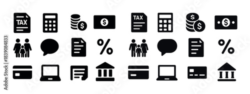Tax and finance icon set: calculation, currency, documents, communication, banking
