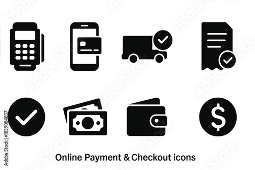 Online payment and checkout silhouette icon set. E-commerce and transaction symbols.