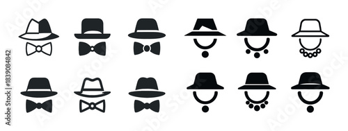 Black and white icon set: hats, bow ties, and necklaces collection
