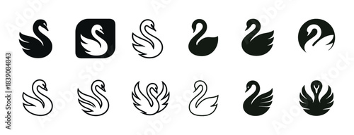 Elegant swan silhouette icons collection in black and white