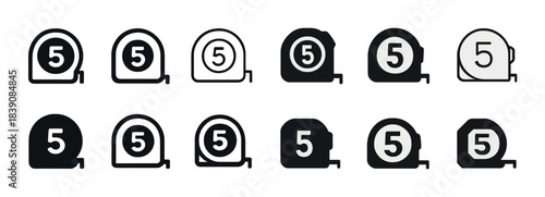 Set of 12 black and white tape measure icons with number 5