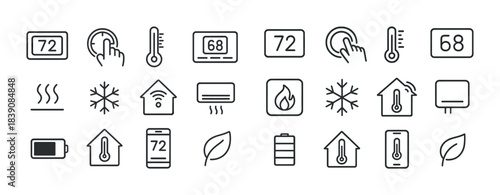 Smart thermostat temperature control line icons set