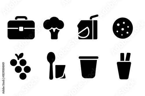 Lunch, food solid icon set. Meal, snack, drink, utensil icons solid collection