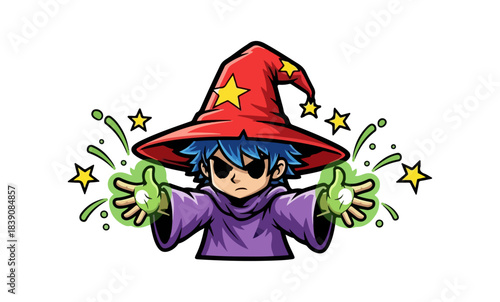 Cartoon Wizard with Red Hat and Magic Powers Illustration.