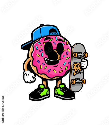 Cartoon donut character with skateboard wearing cap and sneakers.