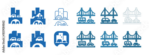 Cityscape and bridge icons: urban transportation concepts in blue tones
