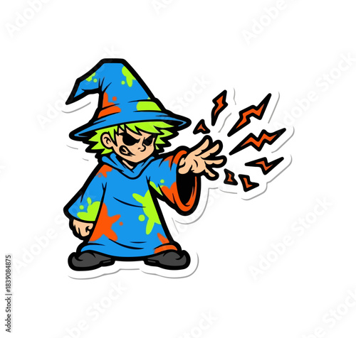 Cartoon wizard casting magic spells with lightning bolts and stars.