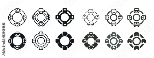 Roundabout traffic icons set in multiple styles and colors