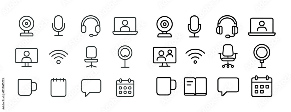 Fototapeta premium Office and communication icons: webcam, microphone, laptop, mug, calendar, chair, network