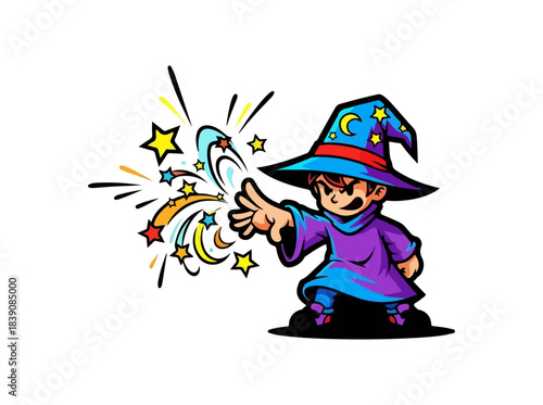 Young wizard conjuring magic stars and colorful sparkles with a focused expression.