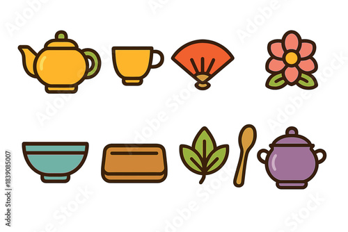 Traditional japan filled icon set. Tea ceremony, kimono, nature icons filled collection