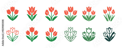 Collection of stylized tulip icons in various arrangements and colors