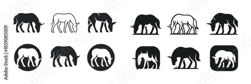 Silhouettes of grazing horses in minimalist black and white designs