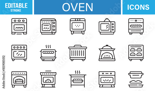Stylish Minimal Icons for Household Ovens Featuring Heating Elements, Grilling Modes, Steam Indicators, and Baking Units