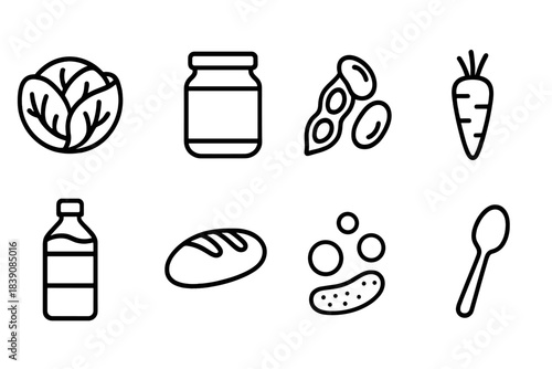 Healthy food outline icon set. Vegetables, condiments, and grains in linear style.