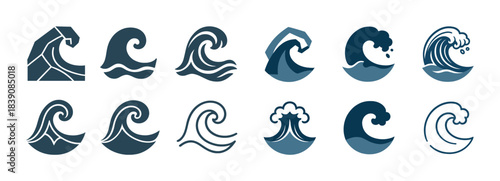 Collection of stylized wave icons in various artistic designs