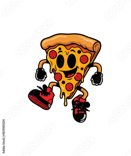 Cartoon Pizza Slice Character with Sneakers and Gloves Illustration.