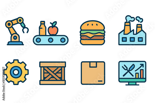 Manufacturing and industry icon set. Production, factory, automation icons flat collection