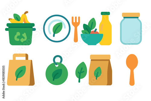 Eco-friendly, sustainability flat icon set. Zero waste lifestyle icons flat collection.